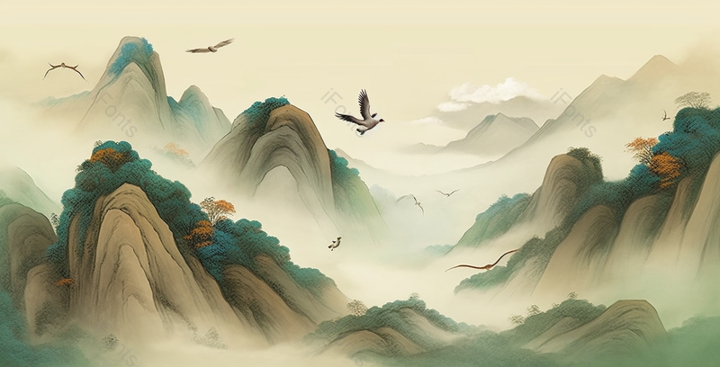 绿色春天飞鸟山谷新中式淡彩中国风水墨画背景,插画/手绘图,插画/手绘图库,插画/手绘图下载,插画/手绘